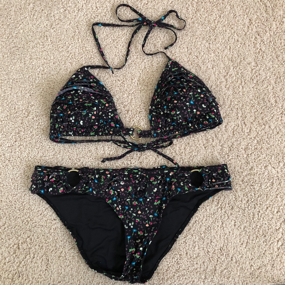 PINK (Victoria Secret) black print ruffle halter bikini in size M